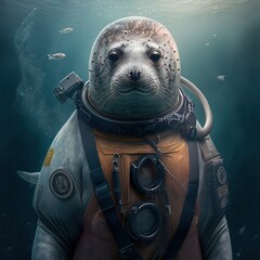 Seal diver underwater wearing diving suit. Concept of mammals sea life and diving equipment. Generative AI - obrazy, fototapety, plakaty