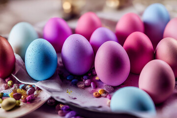 Fototapeta na wymiar colorful painted eggs for Easter, generative AI