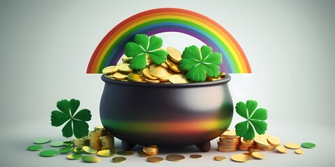 Leprechaun gold in a pot, with rainbow, generative AI illustration