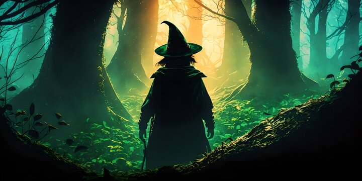 Silhouette of a leprechaun in the forest, generative ai illustration