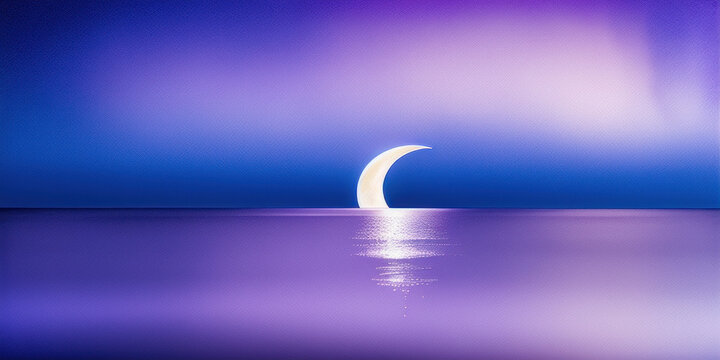 Crescent moon reflected against calm water on a purple night sky. Generative AI