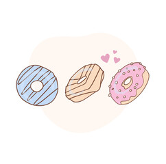 NATIONAL DONUT DAY.glazed sweet donut. Draw funny american kawaii traditional sweet donut vector illustration. American traditional food, cooking, menu concept. Doodle in cartoon style