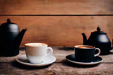Two cups of hot coffee sit on a rustic wood table next to two black teapots. Soft lighting and minimalist décor create a warm and serene atmosphere. Created by Artificial Intelligence.