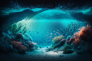 Fototapeta premium Fabulous underwater sea background. Illustration AI Generative