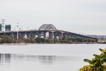 Burlington, Ontario, Canada - October 25, 2019 Morning rush hour on the Burlington Skyway seen fom the north side of Hamilton Bay