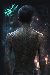 Fototapeta na wymiar Human from behind with tattoos on the back, dark moody atmosphere. AI generated image