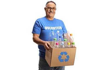 Cheerful mature man volunteer holding a box with plastic bottles for recycling