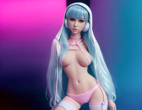 Sexy naked doll girl from a sex shop with headphones in beautiful underwear of delicate color on a neon background copy paste created by Generative AI