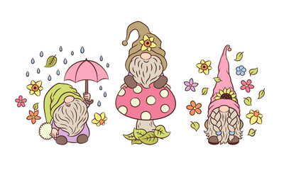 Cute spring gnomes Easter vector illustration. Springtime nature happy cheerful garden gnome. Soft pastel spring colors. Cartoon characters nordic dwarf Tomte with flowers, umbrella, on a toadstool.