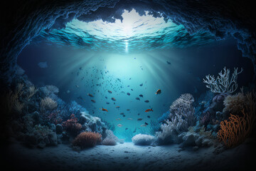 Fabulous underwater ocean background. Illustration AI Generative