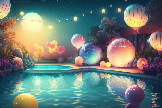 summer pool party background. Illustration AI Generative