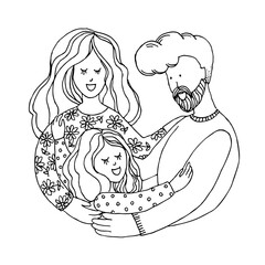 Happy family hugging with child. Coloring page. Smiling mother, father and kid. Hand drawn outline vector illustration isolated on white background.