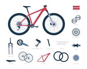 Mountain bike with a set of parts and titles. Collection of bicycle elements. Vector realistic isolated illustration in flat style