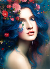 Portrait of a beautiful woman with flowers, Illustration of a beautiful girl. Beautiful woman painting. blue hair
