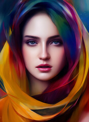 Portrait of a beautiful woman. beautiful woman with a colorful cloak on her head