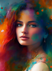 Portrait of a beautiful woman, Digital painting of a beautiful girl, Digital illustration of a female face. colorful hair
