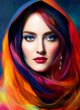 Portrait of a beautiful woman. beautiful woman with a colorful cloak on her head