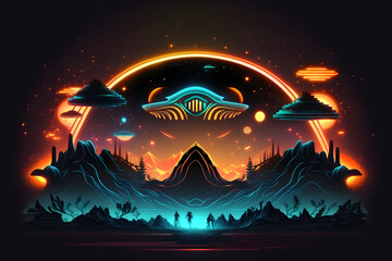 futuristic abstract background with a Neon crest sign, different symbols glowing in the dark night, extraterrestrial landscape - Generated by Generative AI