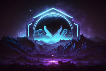 futuristic abstract background with a Neon crest sign, different symbols glowing in the dark night, extraterrestrial landscape - Generated by Generative AI