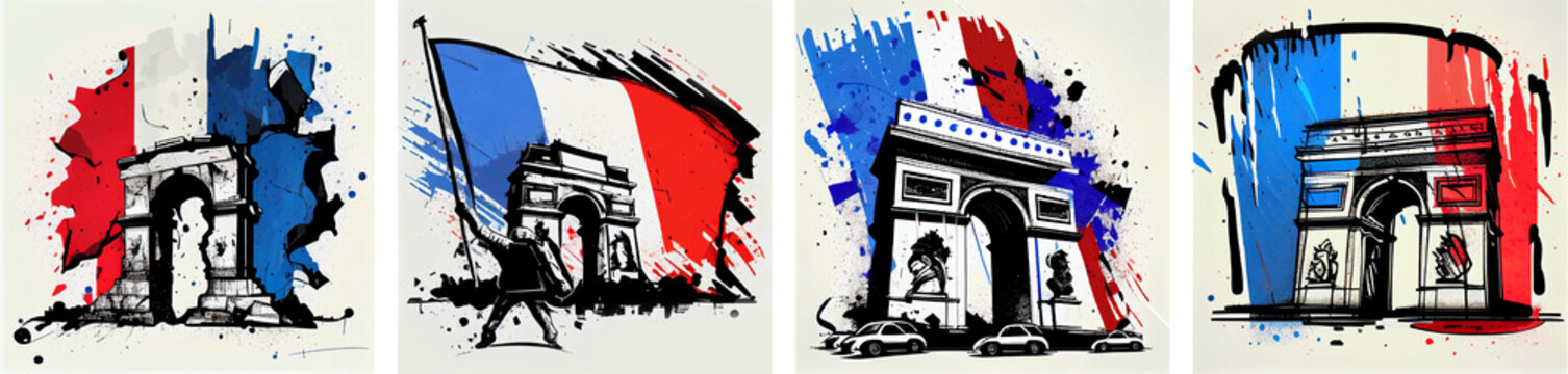 Triumphal arch illustration. Colorful national country french flag. AI generative.