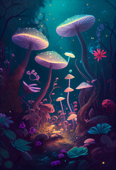 Fototapeta na wymiar Magic glowing mushrooms in fantasy forest. Magical fairy landscape. Generative Ai