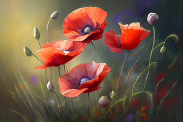 Wild red poppy flowers in meadow at summer. Generative AI