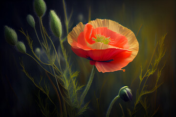 Wild red poppy flowers in meadow at summer. Generative AI