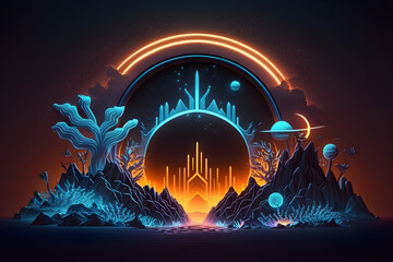 futuristic abstract background with a Neon crest sign, different symbols glowing in the dark night, extraterrestrial landscape - Generated by Generative AI