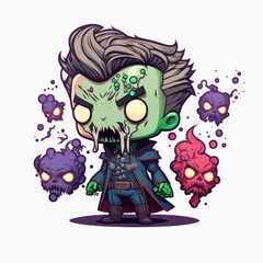cartoon superhero zombie monster character illustration isolated on white background, caricature comic style art, deformed green and purple magical flat design, generative ai
