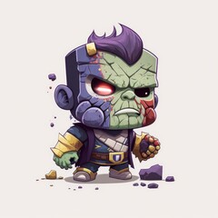 cartoon superhero zombie monster character illustration isolated on white background, caricature comic style art, deformed green and purple flat design, generative ai