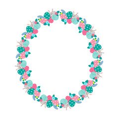 Easter flower wreath . Easter frame with decorated eggs and flowers and symbols of bright Easter