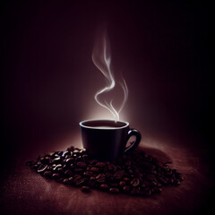 A black coffee cup with steam rising from it in a dark background with low light, created with Generative AI technology.