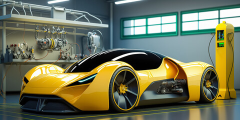 Obraz premium Electric car plugged in to a charger, lab equipment, car factory assembly line in the background. Concept of Electric Cars and Manufacturing Efficiency. Digital ai art 