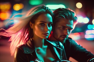 Plakat A girl in love and a guy are sitting on a motorcycle flirting, hugging. Night, neon light. Passionate relationship, where the couple is in control of their own journey and living life to the fullest