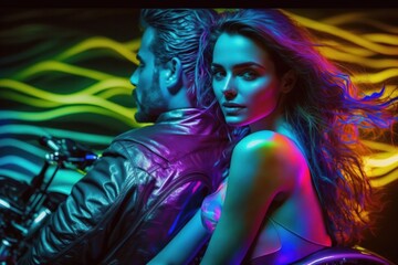 Plakat A girl in love and a guy are sitting on a motorcycle flirting, hugging. Night, neon light. Passionate relationship, where the couple is in control of their own journey and living life to the fullest