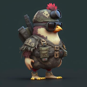 chicken cartoon character wearing military helmet and equipment, soldier hen bird, 3d illustration isolated on background, generative ai 