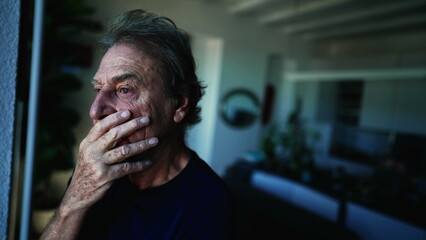 A fearful senior man standing by window with contemplative expression. Anxious expression of a...