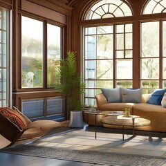 A sunroom with large windows and a comfortable seating area3, Generative AI