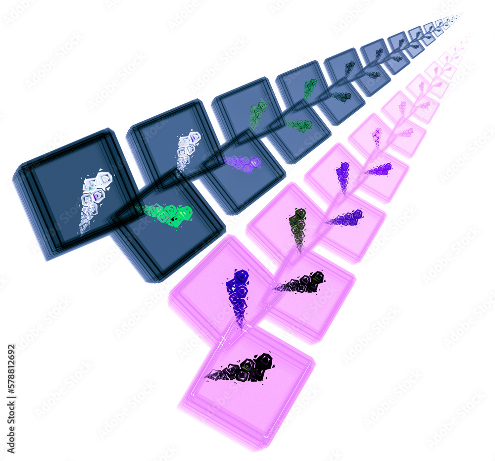 Poster gray-blue and pink transparent square blocks are grouped and removed on a white background. 3d rende