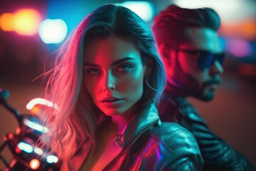 Obraz na płótnie Canvas A girl in love and a guy are sitting on a motorcycle, flirting. Night, neon light. Passionate relationship, where the couple is in control of their own journey and living life to the fullest