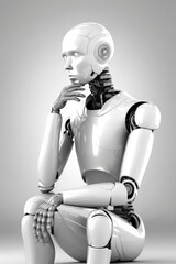 humanoid robot thinking on white background,Pondering the future: The revolution of artificial intelligence, Generative AI