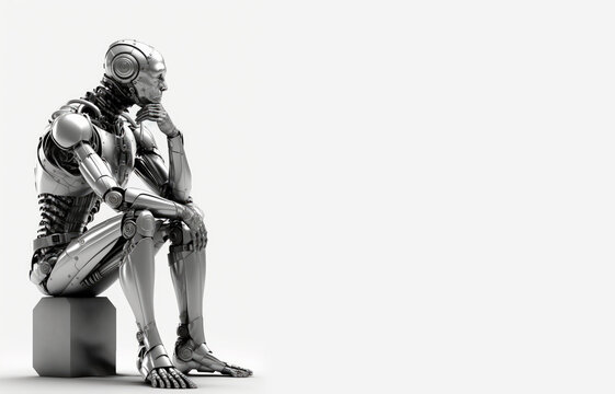 humanoid robot sitting and thinking on a white background. Pondering the future: The revolution of artificial intelligence,copy space, Generative AI