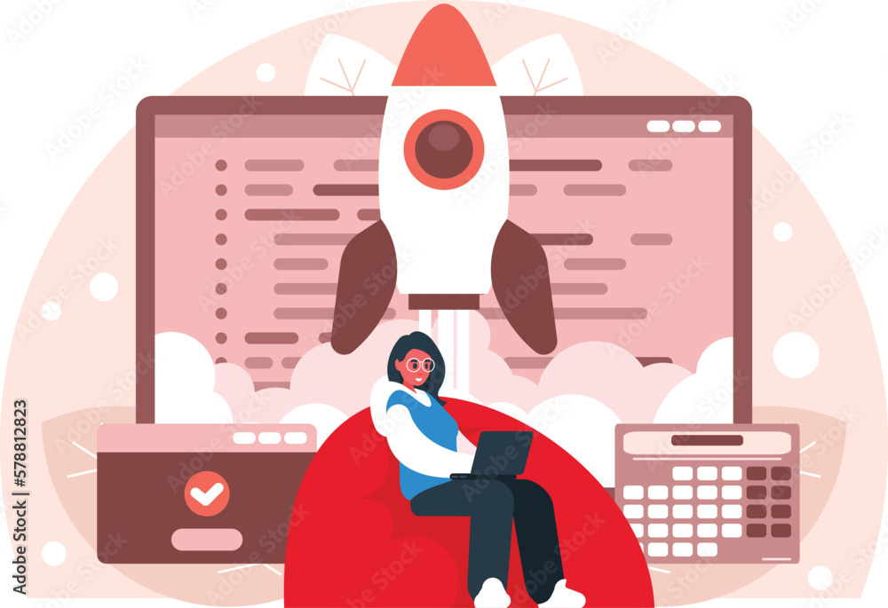 Fototapete female programmer launches a startup. rocket launch from computer display. freelancer with laptop on