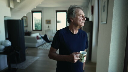 A contemplative mature man stands at home drinking cup of coffee or tea at living room. Portrait of a pensive senior male person in 70s