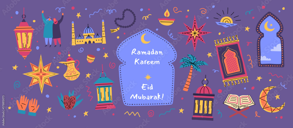 Poster cartoon ramadan kareem concept color different elements set flat design style include of crescent mo