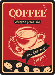 Coffee vector vintage illustration of coffee on a red background. Retro poster for cafe, restaurant, bar, pub. Vector elements.