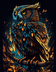Vibrant Owl Illustration with Thick Lines for Albums, Shirts, Halloween. Gothic. Generative AI 