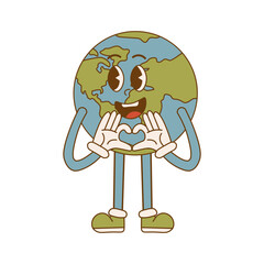 Earth Day. Cartoon cute earth planet character in retro style. Environmental eco concept