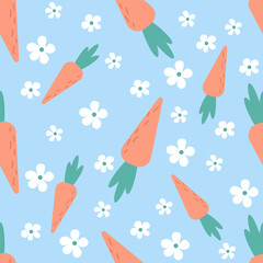 Easter seamless pattern with carrots and daisy. Cute hand drawn beautiful background, great for easter wrapping paper, banner, textile, wallpaper