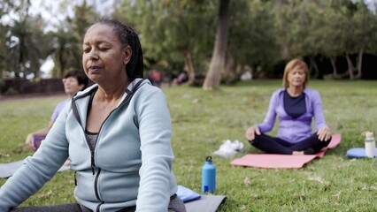 Senior people relaxing in yoga meditation practice outdoor at park city - Sport, older community concept
